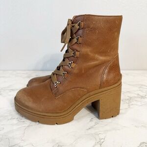 Flexi‎ Tan Leather Lace Up Chunky Heel Lug Sole Mid Calf Boots Women's Size 7.5